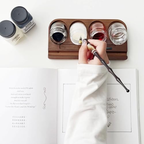 Wooden Tilting Calligraphy Pen Holder with 14Pcs Empty Glass Ink Bottle Container, Calligraphy Oblique Nib Holder Stand Base Set Desktop Tabel Decoration