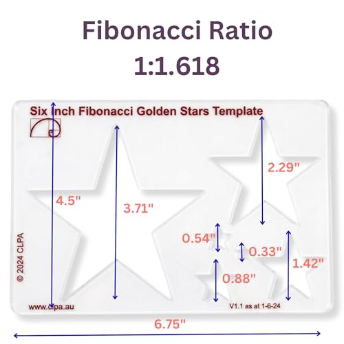 Fibonacci 6" Star Drawing Template, Golden Ratio Stencil | Australian Designed and Made; Geometric Stencil for Art; Drafting and Quilting; PETG - style: 6" Stars