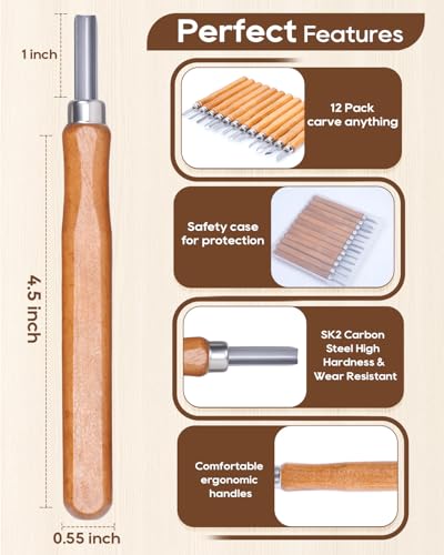 UCEC 1+6+12 Pack Linocut Carving Tools Linoleum Cutter Assortment for Block Printing Wood Carving Kit Whittling Knives V-chisel Angled Gouge Half Round Woodcarving Tools Set Whittling Kit for Linocut