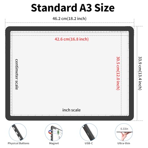 Phylosal Rechargeable A3 LED Light Pad for Diamond Painting, Ultra-Thin Magnetic Tracing Light Box for Drawing, Diamond Art Light Board with Side Button, Super Bright Light Table for Sketching (Black) - color: Black, size: A3 without Handbag