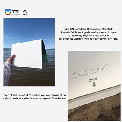 BAOHONG Academy Grade Watercolor Block, 100% Cotton, Acid-Free, 140LB/300GSM, Hot Press Surface, 20 Sheets per Block (Hot Press 8.3"x12.2") - size: Hot Press 8.3"x12.2"