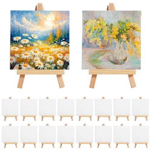 Motimind 36 Pcs 4 x 4 Mini Canvas and 6" Easel Set Bulk for Paint Party | Painting Art Crafts for Back to School Classroom Birthday Valentine Christmas Mother's Day End of School Year Gifts - size: 4 x 4 Inch