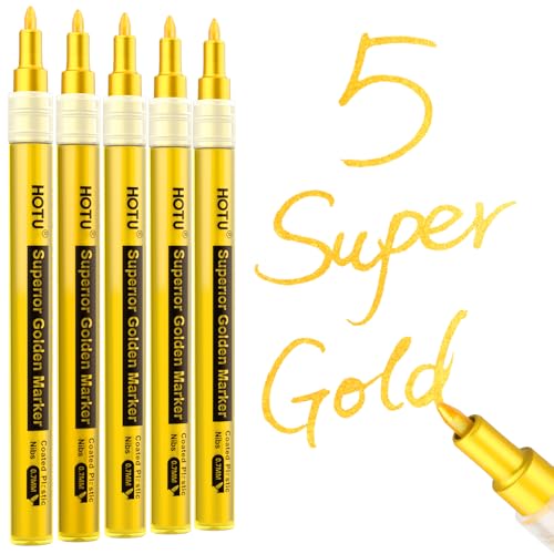 HOTU 5 Pack Super Gold Paint Markers - Metallic Gold Acrylic Paint Pens Glitter Extra Fine Tip 0.7mm for Black Paper,Wood, Rock Painting, Glass, Fabric | Metallic Gold Paint Pens, Water-Based, For Rock Painting, Crafting, Paper, Wood, Glass, Fabric,Metal,