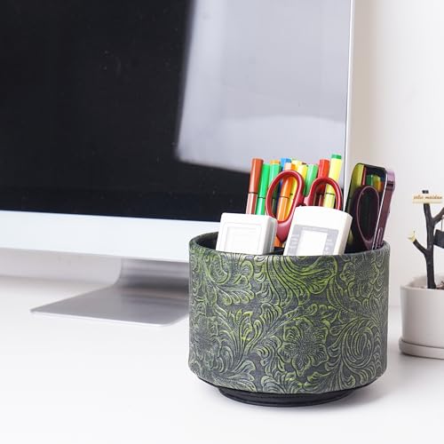 Round Leather Art Supply Organizer,Remote Control Holder,360 Degree Spinning,Multi-Functional Pencil Holder,4 Compartments Desktop Stationary Organizer(1-Carved Metal Green2) - color: 1-Carved Metal Green2