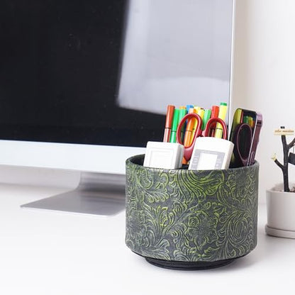 Round Leather Art Supply Organizer,Remote Control Holder,360 Degree Spinning,Multi-Functional Pencil Holder,4 Compartments Desktop Stationary Organizer(1-Carved Metal Green2) - color: 1-Carved Metal Green2