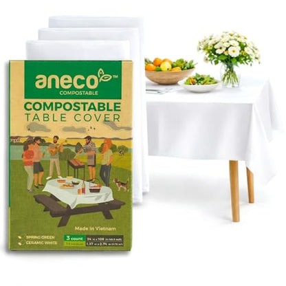 ANECO 100% Compostable Tablecloths for Rectangle Tables (54x108, 3 Count) | White Disposable Rectangular Tablecloth - Anti-Plastic Table Cover for Outdoor, Party, Picnic, Wedding - color: Ceramic White