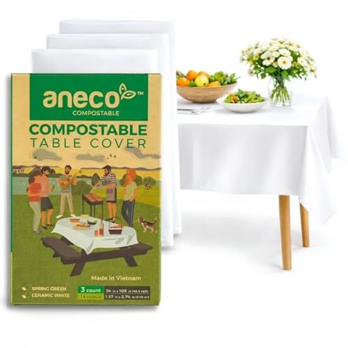 ANECO 100% Compostable Tablecloths for Rectangle Tables (54x108, 3 Count) | White Disposable Rectangular Tablecloth - Anti-Plastic Table Cover for Outdoor, Party, Picnic, Wedding - color: Ceramic White