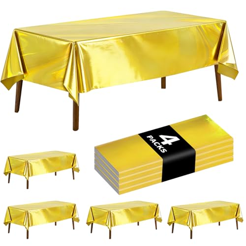 4 Pack Iridescent Gold Plastic Tablecloths Laser Table Covers Shiny Holographic Foil Tablecloth Disposable Rectangle Table Covers for Birthday Wedding Christmas Holiday Party Decorations 54x108 Inch - color: Gold
