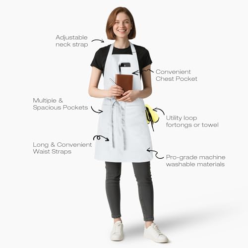 Unisex Apron with Pockets for Cooking, Salon & Art - 100% Cotton Adult Kitchen, Chef, Stylist Apron (White) - color: White