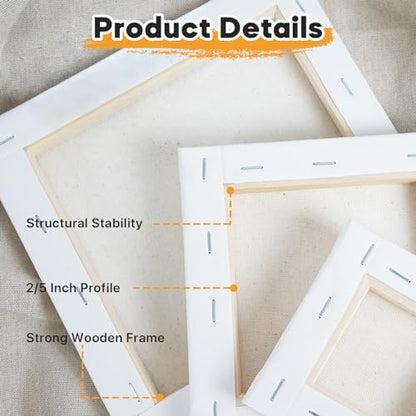 CONDA 6x6 inch Stretched Canvas for Painting, Pack of 12, 100% Cotton, 5/8 Inch Profile Value Bulk Pack for Acrylics, Oils Painting - size: 6x6 inch