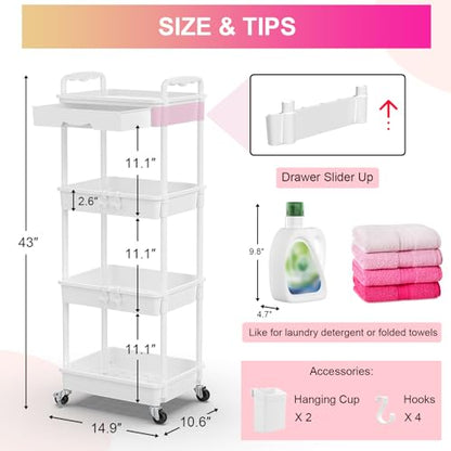 Goovilla 4 Tier Rolling Utility Cart Organizer with Removable Drawer, White | Stable and Sturdy Rolling Storage Carts with 2 Lockable Wheels for Bathroom, Kitchen, Snack, Craft, Makeup, Baby Essentials - size: 4 Tier, style: White