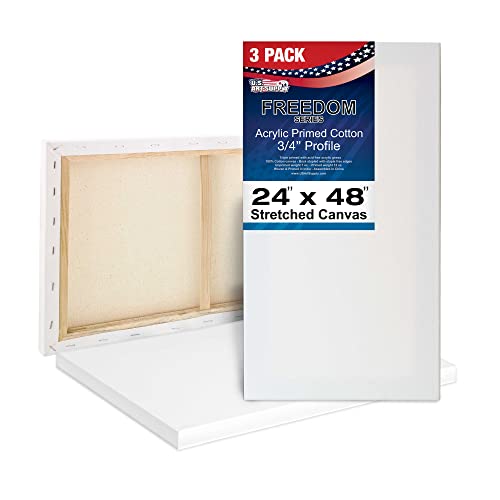U.S. Art Supply 24 x 48 inch Stretched Canvas 12-Ounce Primed 3-Pack - Professional White Blank 3/4" Profile Heavy-Weight Gesso Acid Free Bulk Pack - Painting, Acrylic Pouring, Oil Paint - size: 24" x 48"