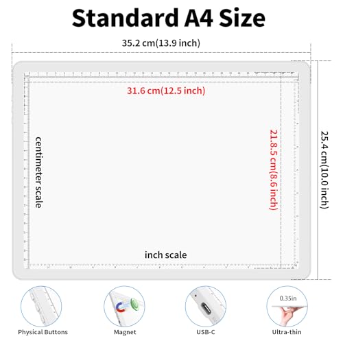 Phylosal Rechargeable A4 LED Light Pad for Diamond Painting, Ultra-Thin Magnetic Tracing Light Box for Drawing, Diamond Art Light Board with Side Button, Super Bright Light Table for Sketching (White) - color: White, size: A4 without Handbag