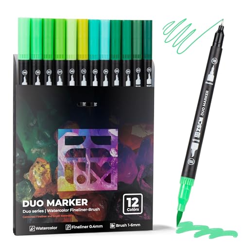 Green Duo Tip Marker Pens, 12 Fine & Brush Tip Pen For Adult Coloring Books | No Bleeding Nature Green Markers, Drawing Pen for Foliage, Landscape Drawings, Botanical Illustrations and Eco Designs - color: 12 Green