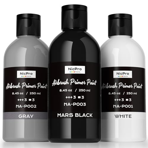 Nicpro Black, Gray, White Surface Primer Airbrush Paint (8.45oz, 250 ml) | Matte Finish, Ready To Spray, Great Adhesion Air Brush Acrylic Primer for Priming Plastic Scale Models, Miniature, Figures - color: 3 Colors, size: 8.45 Fl Oz (Pack of 3)