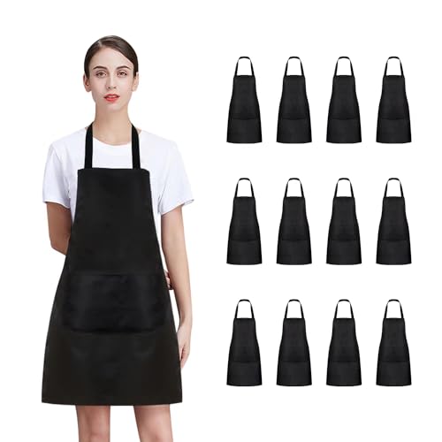 8/12/24 Pack Plain Bib Aprons Bulk, Black Commercial Apron with 2 Pockets, Unisex Apron for Adults Painting BBQ - color: 12 Pack