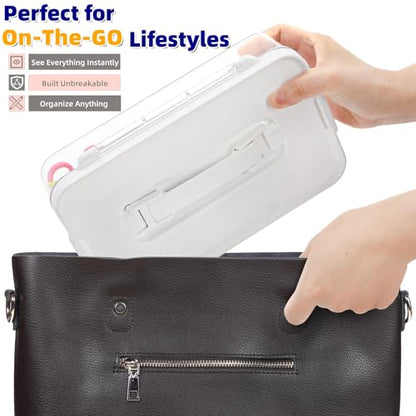 2 Pack Plastic Craft Storage Box with Lid, Clear Stackable Pencil Case, Portable Art Supply Organizer with Handle, Small Carrying Crayon Container for Sewing Ornament Nail Polish Tape