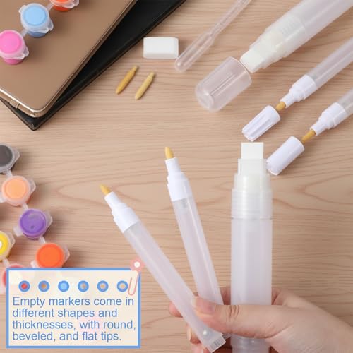 16 Pcs Refillable Acrylic Paint Markers, Refillable Paint Pen, 3mm, 6mm, 15mm Empty Acrylic Markers, with 6 Replaceable Pen Tips and 3 ml Dropper for Touch Up Graffiti Paper Drawing