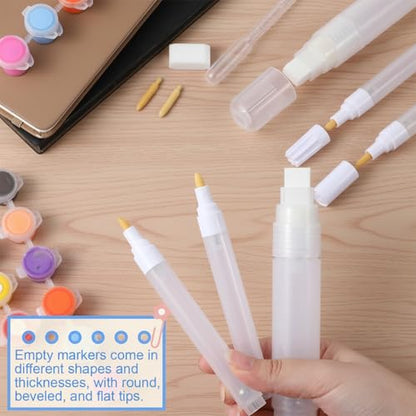 16 Pcs Refillable Acrylic Paint Markers, Refillable Paint Pen, 3mm, 6mm, 15mm Empty Acrylic Markers, with 6 Replaceable Pen Tips and 3 ml Dropper for Touch Up Graffiti Paper Drawing