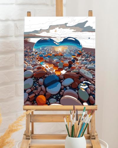 TOCARE Paint by Numbers Kit for Adults Beach Sunset, Acrylic Adult Paint by Number Sunset with Crystal Heart 16x20inch Gift for Valentines'Day - color: Sea Crystal Heart