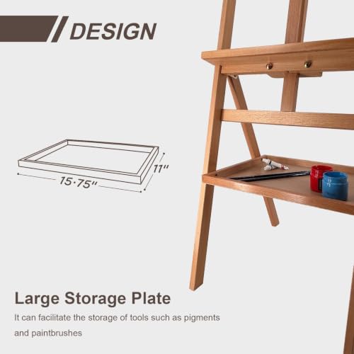 Large Solid Beech Wood Painting Easel H-Frame with Storage Plate - color: Nature Light