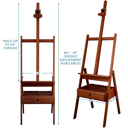 Large Beechwood H-Frame Studio Easel Stand with Storage Drawer, Walnut | Height Adjustable to 35Inches High, Suitable for Painting, Sketching and Displaying - style: Basic Walnut