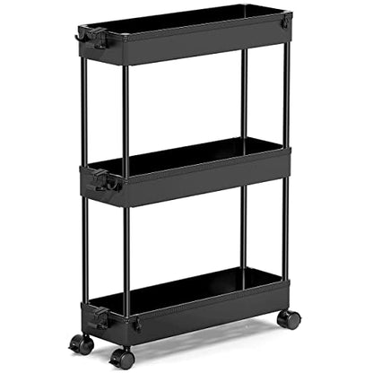 SPACEKEEPER Slim Rolling Storage Cart, 3 Tier Bathroom Storage Organizer Laundry Room Utility Cart Mobile Shelving Unit, Multi-Purpose for Kitchen Office Bathroom Laundry Narrow Places, Black | Narrow Rolling Cart with Wheels for Kitchen Office Bathroom L