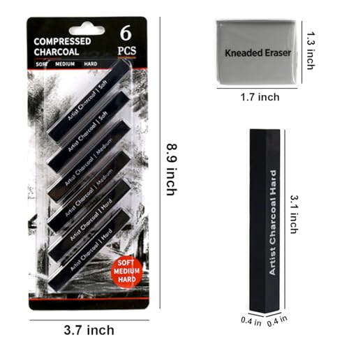 Compressed Charcoal Sticks 6 PCS, Graphite Sticks Square 6 Pieces, Kneaded Rubber Erasers Large Size 4 Pack