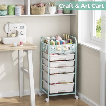 5 Drawer Rolling Storage Cart with Pegboard Top and Hooks, Green - color: Green, size: 5-Drawers