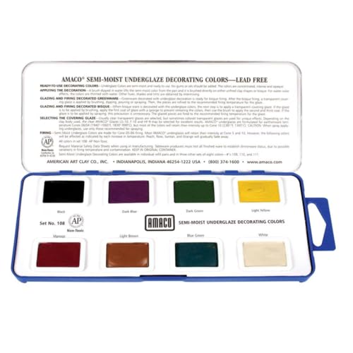AMACO Semi-Moist Underglazes 8-Count Set No. 1 (#108), 8 Assorted Decorating Colors in Watercolor-Like Pans, Low/Mid-High Fire Cone 05-6 (SMUG) Ceramic Pottery Underglazes for Unfired Clay and Bisque - color: 8-Count Set No. 1 (#108)