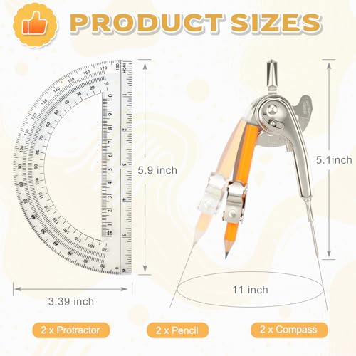4 Pack Geometry Tool Set, Math Compass for Geometry and 6 Inch Protractor Set Include Metal Compass with Pencil and Clear Plastic Protractor for Student Classroom Office Woodworking Art Drawing - style: 4 Pack
