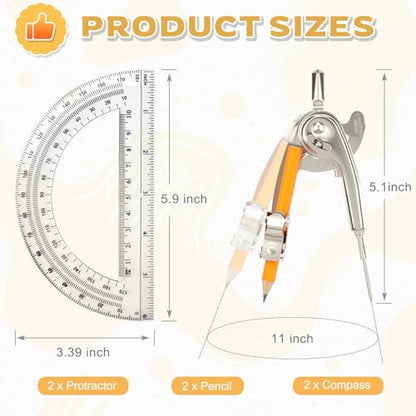 4 Pack Geometry Tool Set, Math Compass for Geometry and 6 Inch Protractor Set Include Metal Compass with Pencil and Clear Plastic Protractor for Student Classroom Office Woodworking Art Drawing - style: 4 Pack