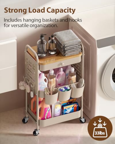 ALVOROG 3 Tier Metal Rolling Cart with Drawer,Wood Top,Pegboards,Khaki | Storage Utility Cart with Drawers,Pegboards,Lockable Wheels,Baskets,Hooks for Kitchen,Office,Bedroom,DIY Supplies - color: Khaki