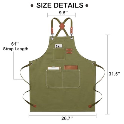 ZOMAO Chef Apron for Women Men with Large Pockets, Cotton Canvas Cross Back Waterproof Work Aprons for Kitchen Cooking Bib - color: Greygreen