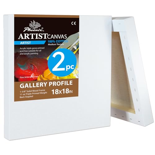 PHOENIX 18x18 Inch 2 Pack Gallery Canvas - 1.5 in Thick Large Square Canvases for Painting - Deep Edge 100% Cotton 11 Oz. Gesso Primed White Blank Professional Canvas Oil & Acrylic Paints - size: 18"x18", style: Gallery