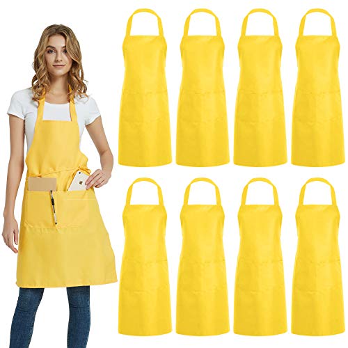 DUSKCOVE 8 Pack Bib Aprons Bulk - Unisex Yellow Commercial Apron with 2 Pockets for Kitchen Crafting BBQ Drawing Cooking - color: Yellow