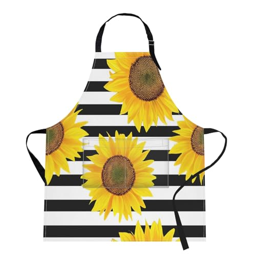 Apron with Pockets, 32x28 inch, for Women Men, Black White Flower | Sunflowers Striped Waterproof Adjustable Bib Aprons for Kitchen Cooking Baking Painting Gardening - color: Sunflower
