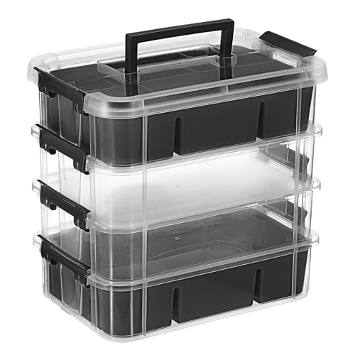 JUXYES 4-Tiers Plastic Stack Carry Storage Containers Box wih Handle Lids - color: Black