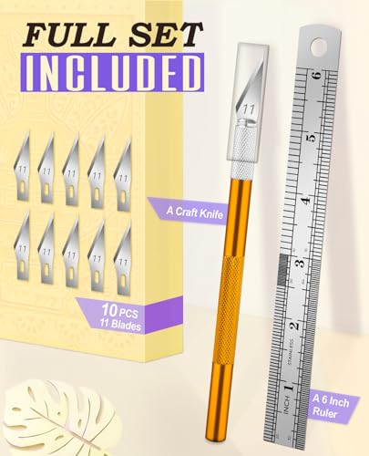 DIYSELF Exacto Craft Knife Set with 10 Extra #11 Blades, 6-Inch Metal Ruler | Craft Razor Knife with Ruler for Polymer Clay, Paper, Vinyl & Models, Exacto Knife for Crafting, Artists & Hobbyists, Gold - color: Gold
