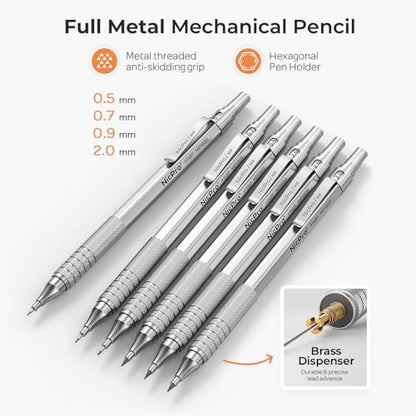 Nicpro 20PCS Metal Mechanical Pencil Set in Leather Case - color: Silver, size: 20pcs
