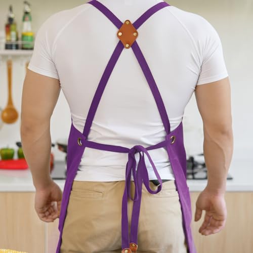 Aoomzoon Canvas Aprons for Men Chef Apron, Work Apron with Large Pockets - 16oz Heavy Duty Cross Back, BBQ, Cooking - color: Purple