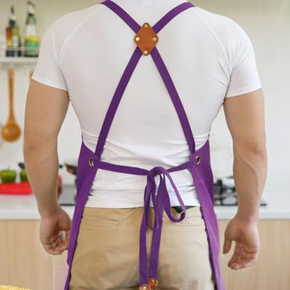 Aoomzoon Canvas Aprons for Men Chef Apron, Work Apron with Large Pockets - 16oz Heavy Duty Cross Back, BBQ, Cooking - color: Purple