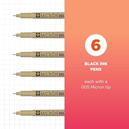 SAKURA Pigma Micron Fineliner Pens, Black, 005 Point, 6 Pack - style: 005 Tip