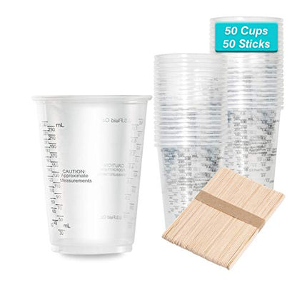 XUXU 50pcs 8oz Graduated Clear Plastic Measuring Cups with Wooden Stirring Sticks for Mixing Paint, Pigments, Epoxy Resins, Resins
