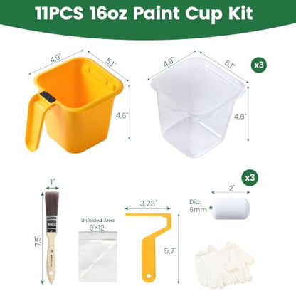 VOOMEY Handheld Paint Bucket & Cup Roller Kit with Liners for Wall Trim | 16oz Paint Cup, 3 Disposable Liners, 2in Foam Roller, 1in Trim Brush, Drop Cloth, Gloves