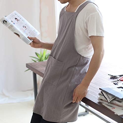 NEWGEM Japanese Cotton Linen Cross Back Cooking Apron for Women Men with Pockets Cute for Baking Kitchen - color: 15 - Men's Dark Gray