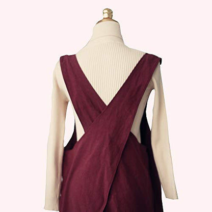 Cotton Linen Japanese Apron Halter Cross Back Bandage X Shape Aprons Two Pockets - color: Dark Red