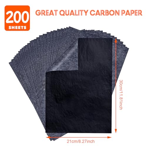 PSLER 200 Sheets Carbon Transfer Paper - Tracing Paper & 3 Embossing Stylus | Use with Carbon Paper, Dark Carbon Copy Paper for DIY Woodworking, Canvas, Art Crafts, Pattern Transfer & Drawing Surfaces - size: A4 (200 Sheet with 3PCS Embossing Stylus)