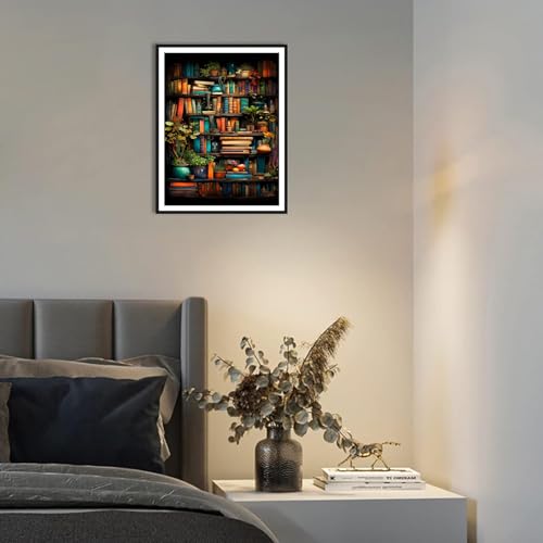 MjhRcll Stamped Cross Stitch Kits,Bookshelf Embroidery Starter Kit for Adult Beginners,Books Cross Stitch Kits for Adults 12×16 Inch - color: X1925