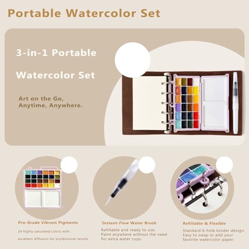 DarkWish Mini Travel Watercolor Set with Sketchbook, 24 Colors, Pink - color: Pink